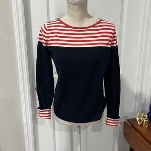 Talbots Navy &Red white Striped Long Sleeve Cotton Sweater